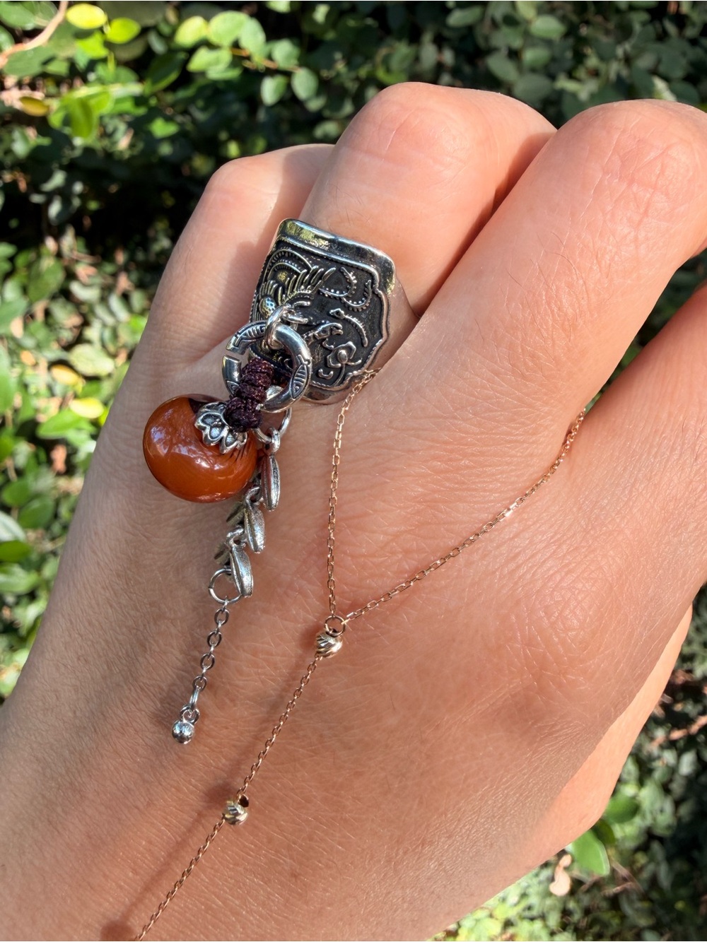 Silver Lion Signet Ring with Brown Bead Charm - Picture 2 of 7